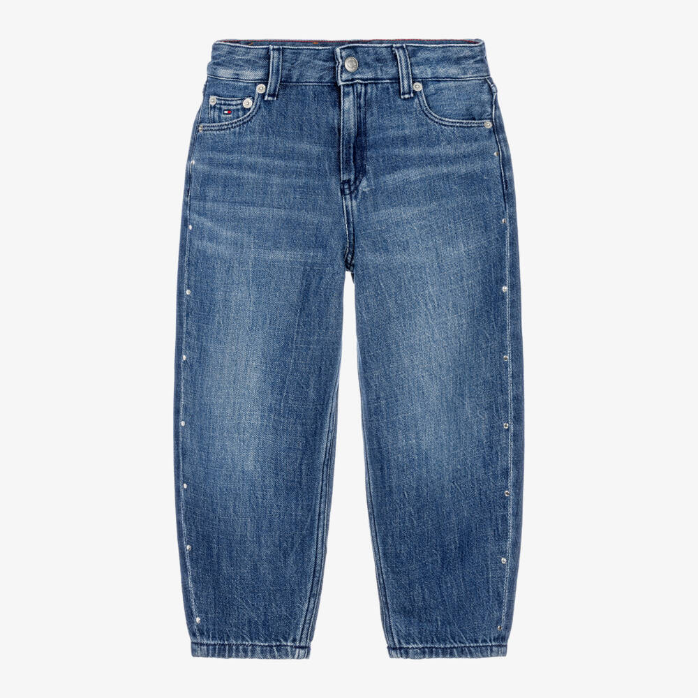 Tommy Hilfiger-Girls Blue Barrel Leg Jeans with Studs | Childrensalon