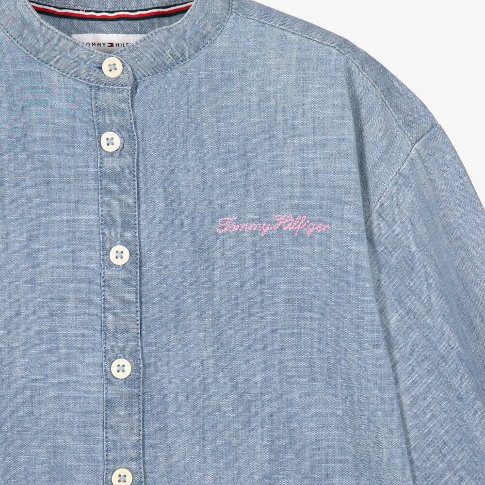 Tommy Hilfiger-Girls Blue Chambray Collarless Blouse | Childrensalon