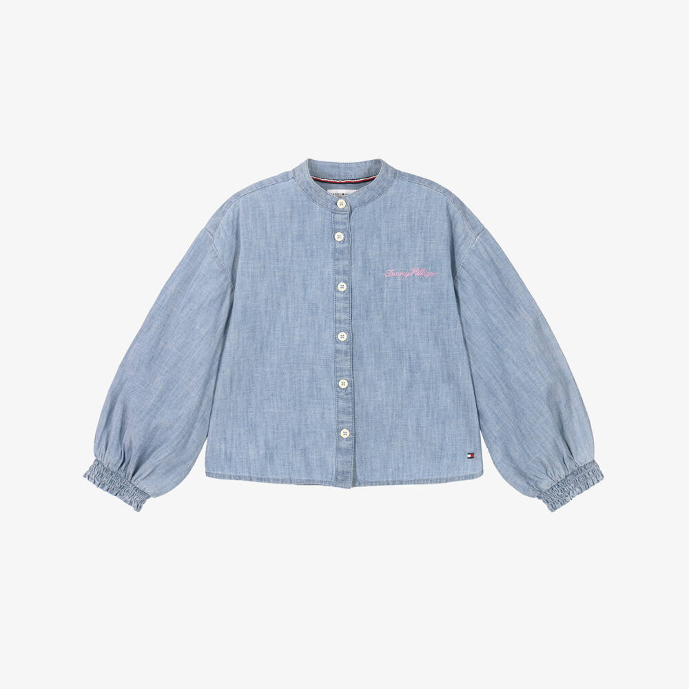 Tommy Hilfiger-Girls Blue Chambray Collarless Blouse | Childrensalon