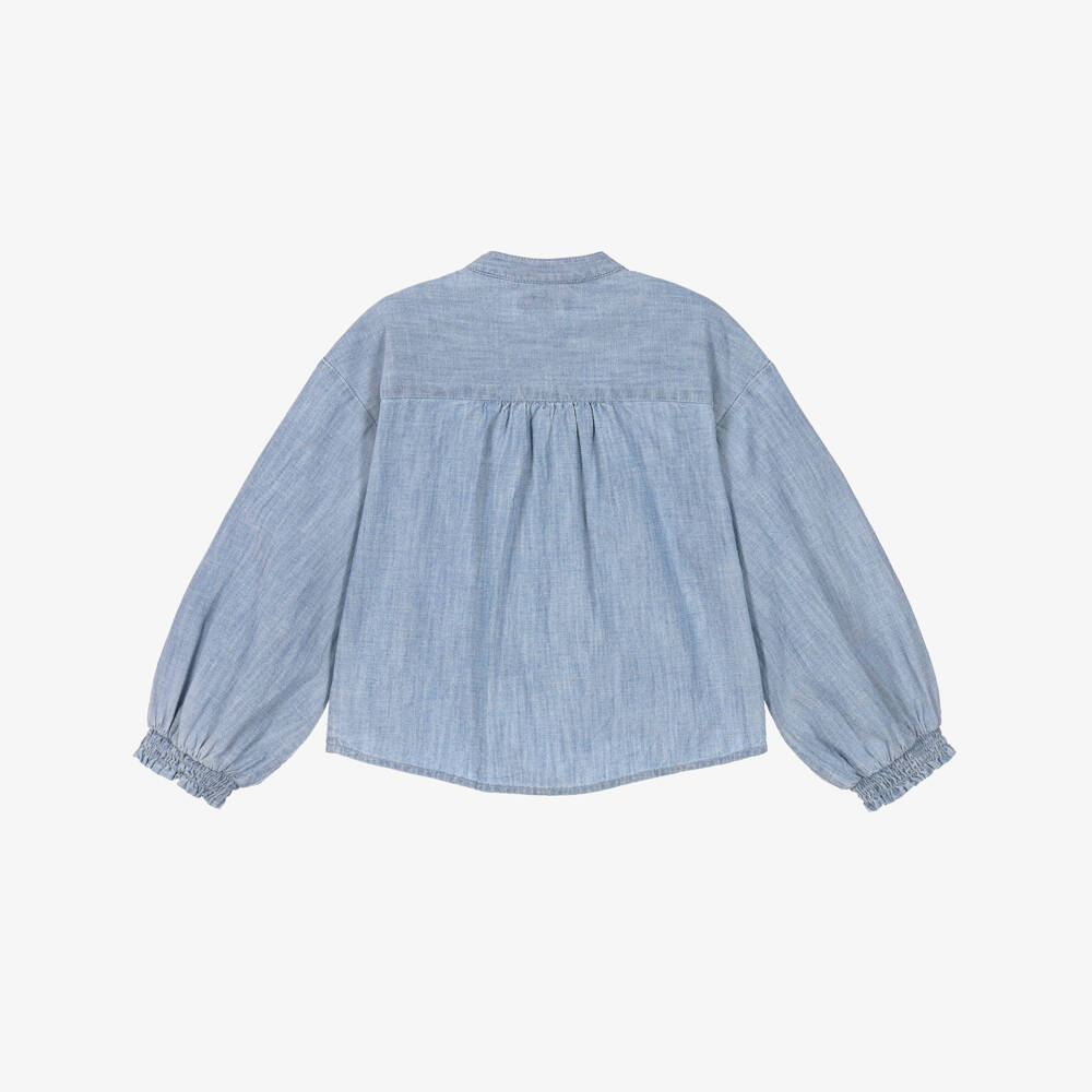 Tommy Hilfiger-Girls Blue Chambray Collarless Blouse | Childrensalon
