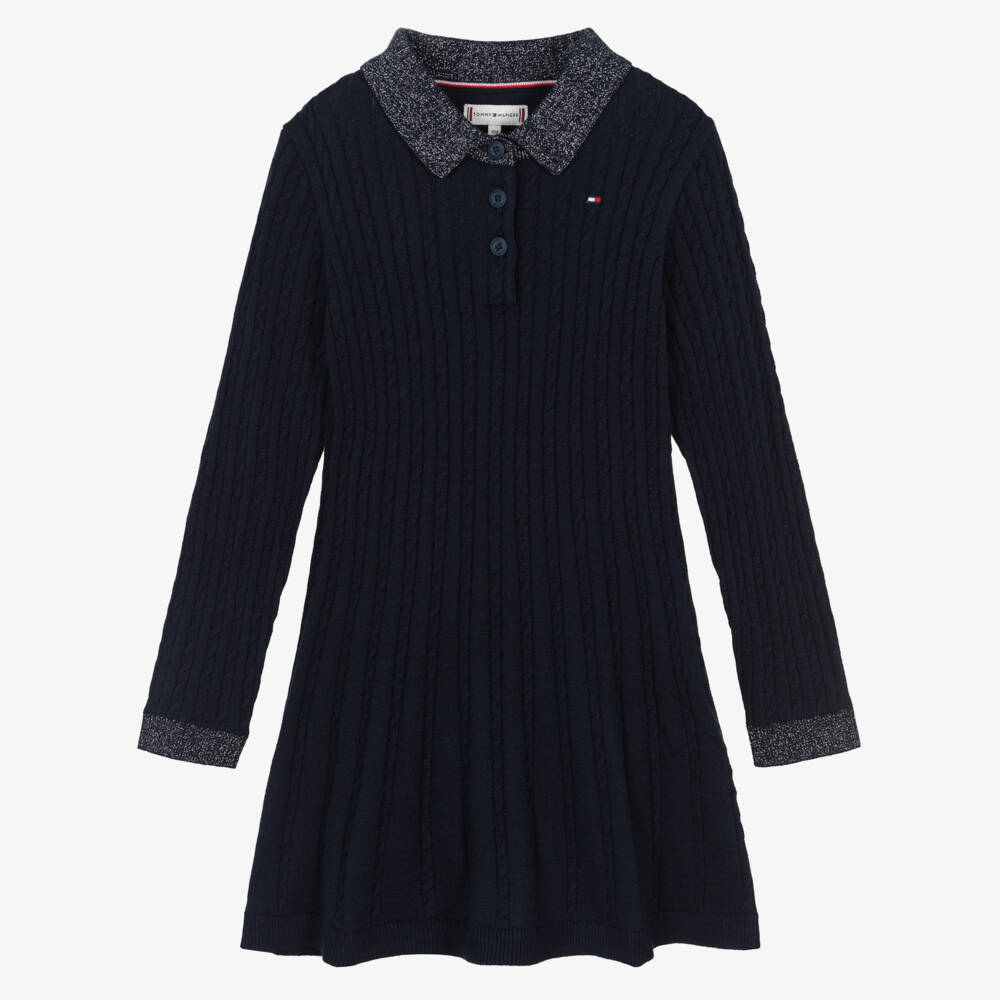 Tommy Hilfiger-Girls Blue Cotton Cable Knit Dress with Glittery Silver Trim | Childrensalon