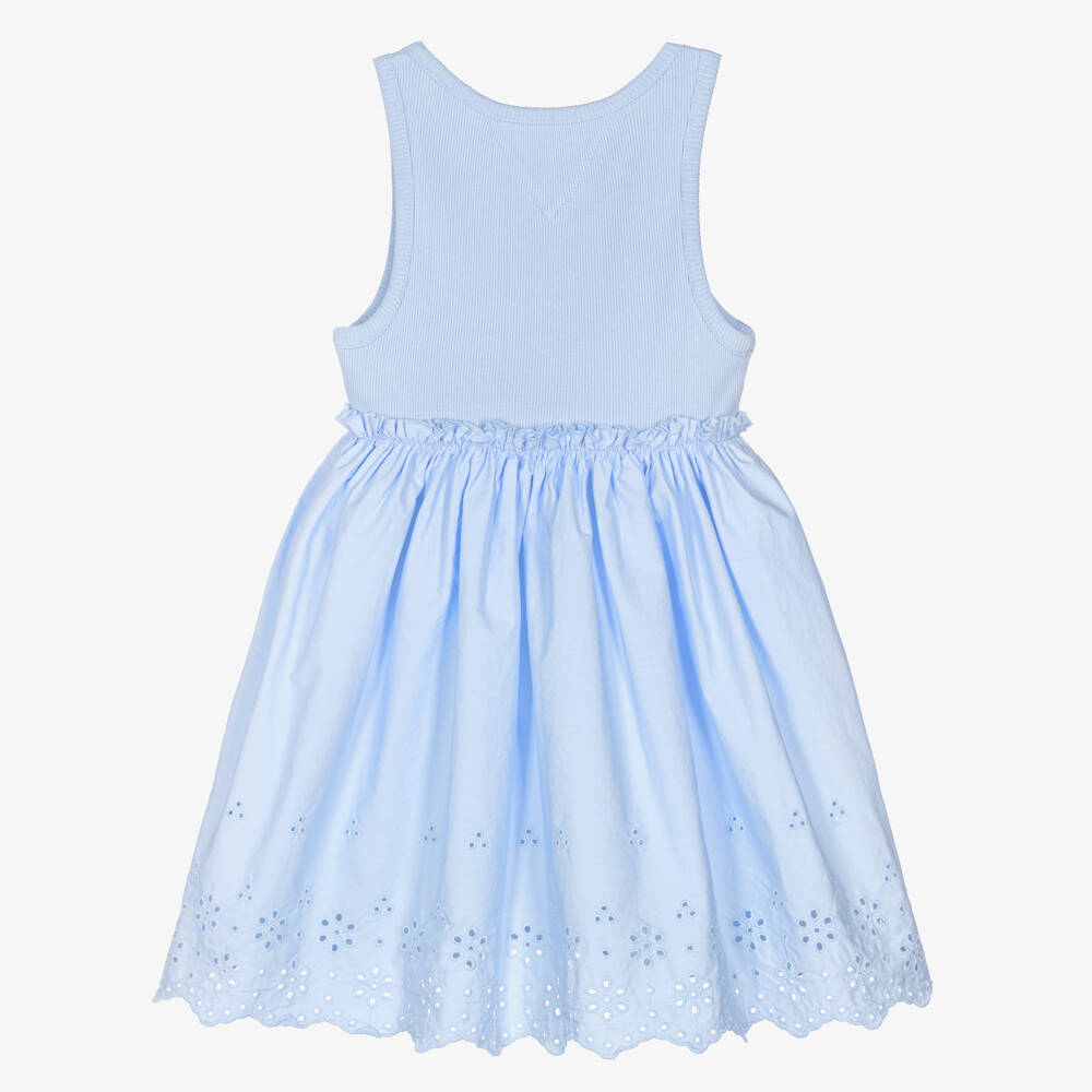 Tommy Hilfiger-Girls Blue Cotton Jersey & Broderie Anglaise Dress | Childrensalon