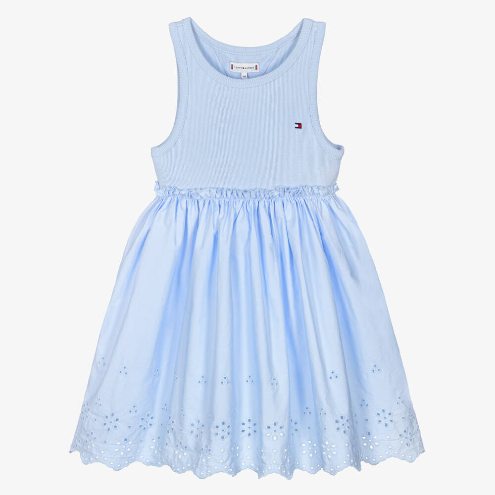 Tommy Hilfiger-Girls Blue Cotton Jersey & Broderie Anglaise Dress | Childrensalon