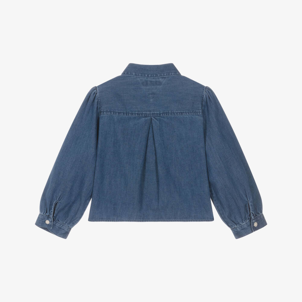 Tommy Hilfiger-Girls Blue Denim Blouse with Floral Embroidered Collar | Childrensalon