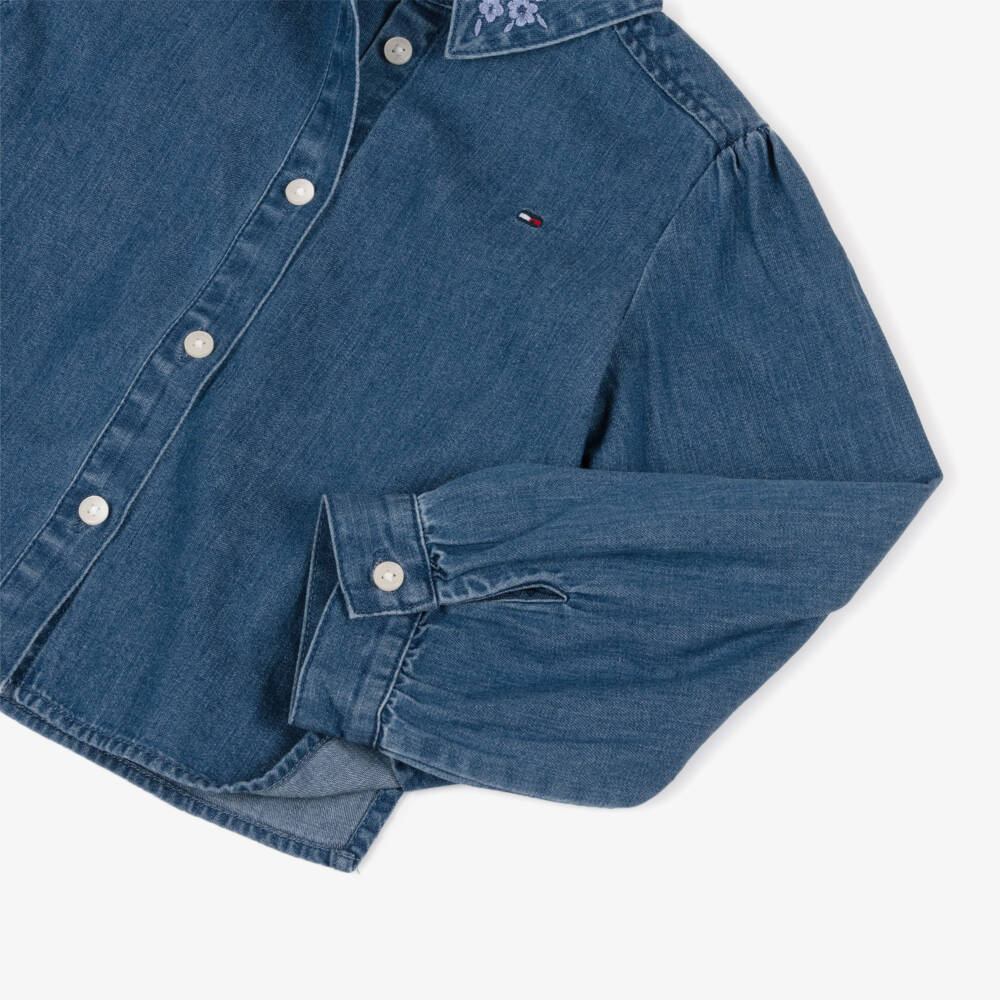 Tommy Hilfiger-Girls Blue Denim Blouse with Floral Embroidered Collar | Childrensalon