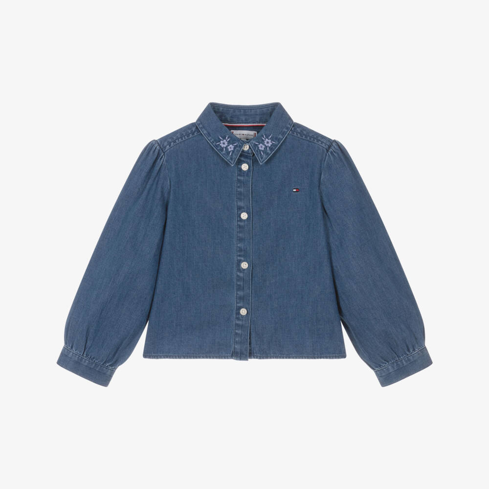 Tommy Hilfiger-Girls Blue Denim Blouse with Floral Embroidered Collar | Childrensalon