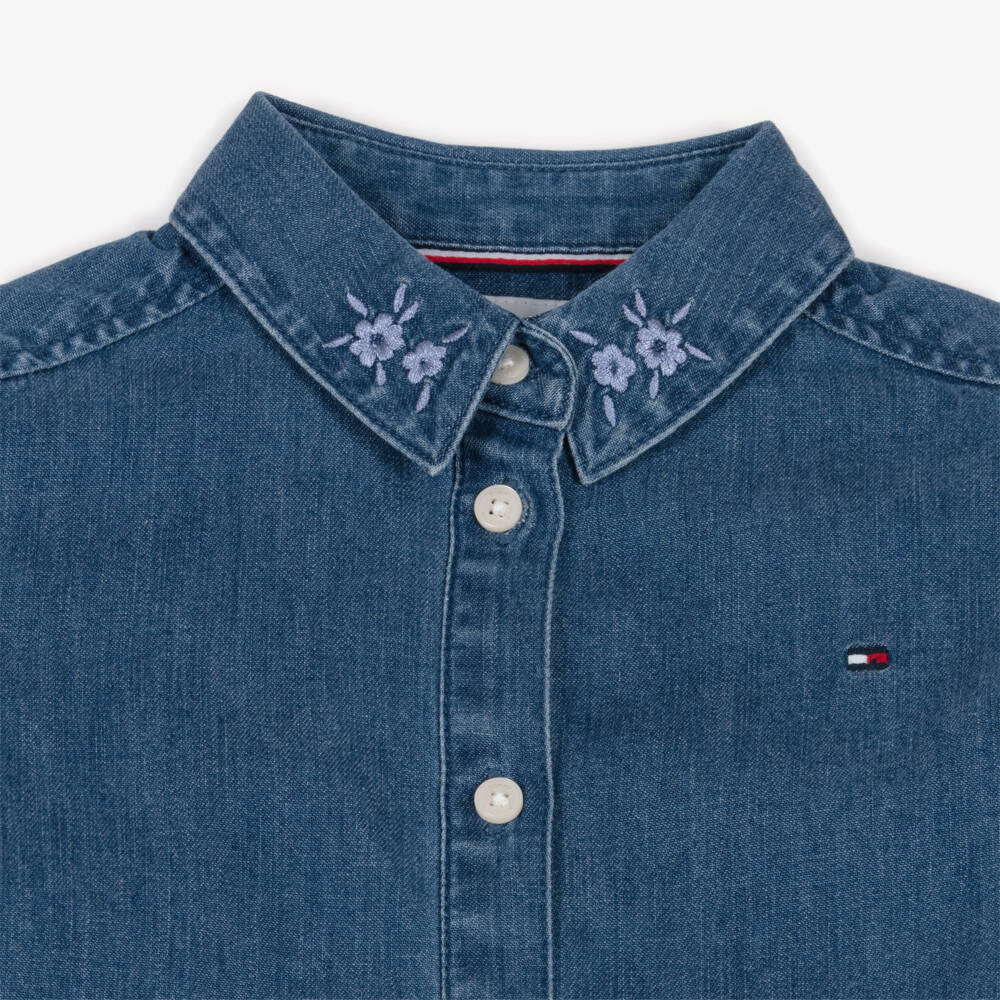 Tommy Hilfiger-Girls Blue Denim Blouse with Floral Embroidered Collar | Childrensalon