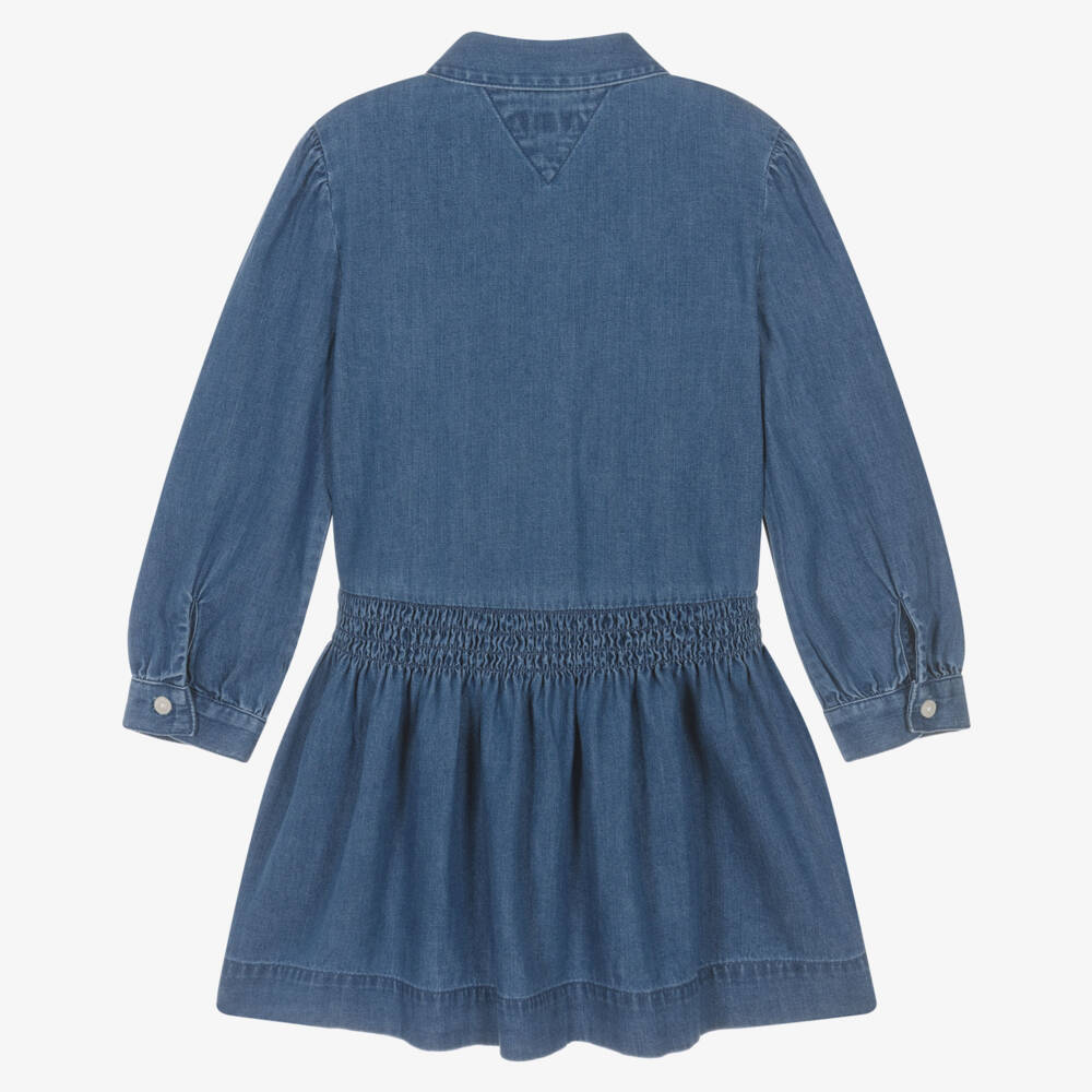 Tommy Hilfiger-Girls Blue Denim Dress with Floral Embroidered Collar | Childrensalon