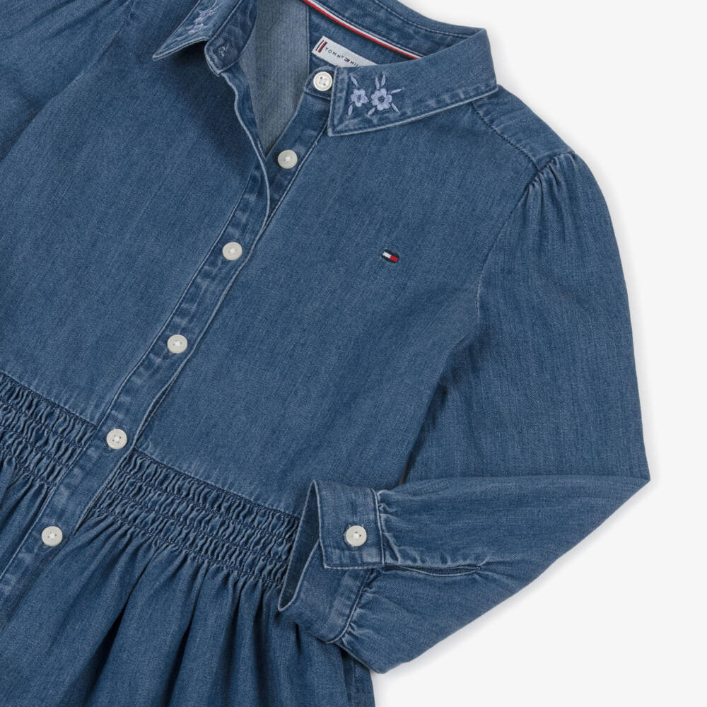 Tommy Hilfiger-Girls Blue Denim Dress with Floral Embroidered Collar | Childrensalon
