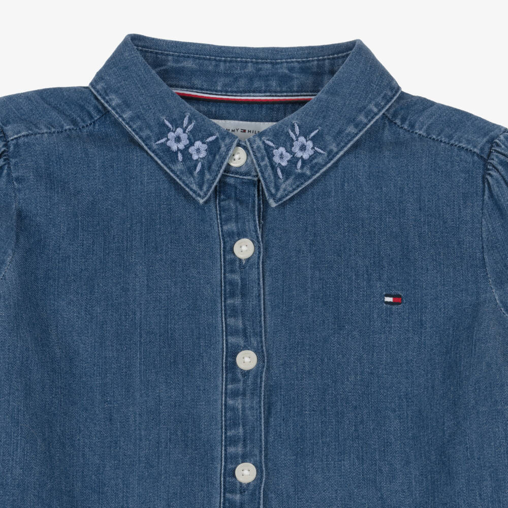 Tommy Hilfiger-Girls Blue Denim Dress with Floral Embroidered Collar | Childrensalon