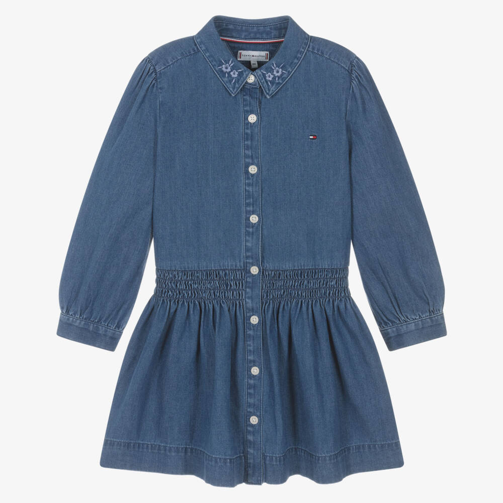 Tommy Hilfiger-Girls Blue Denim Dress with Floral Embroidered Collar | Childrensalon
