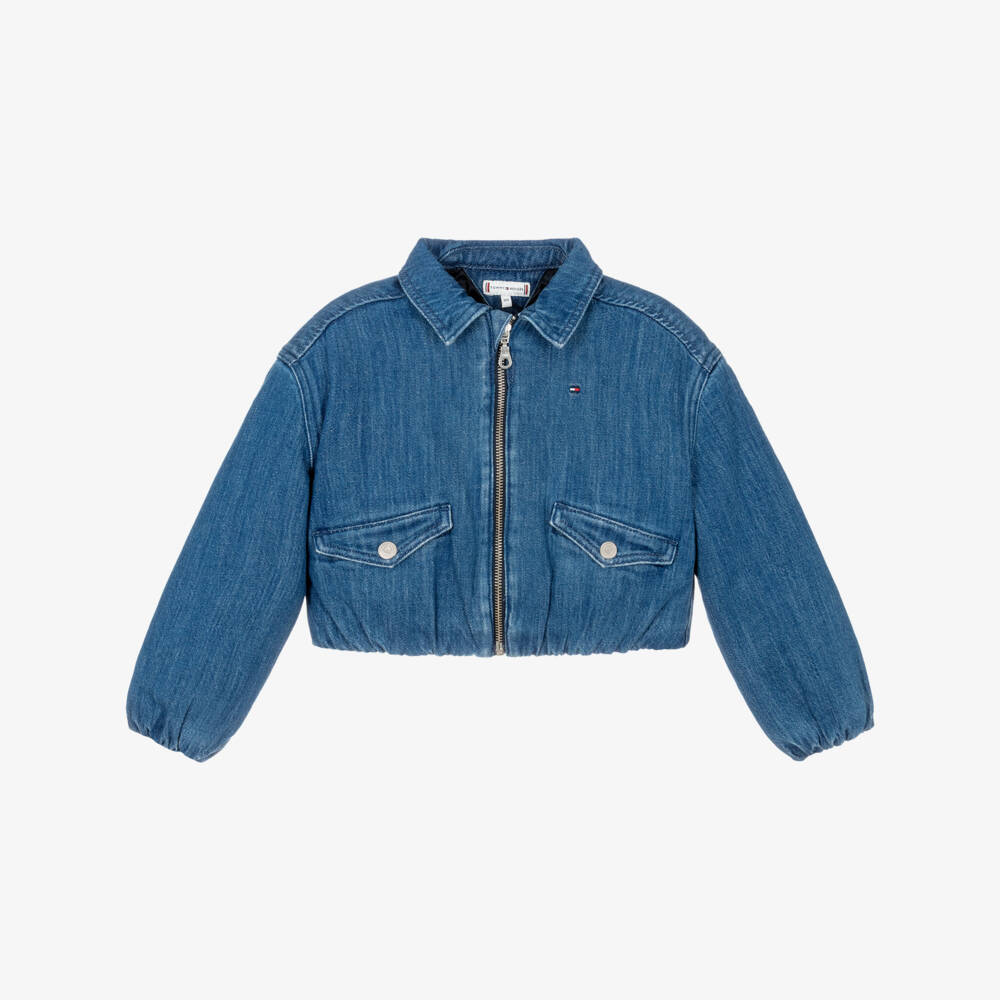 Tommy Hilfiger-Girls Blue Denim Jacket with Flag & Monotype Logos | Childrensalon