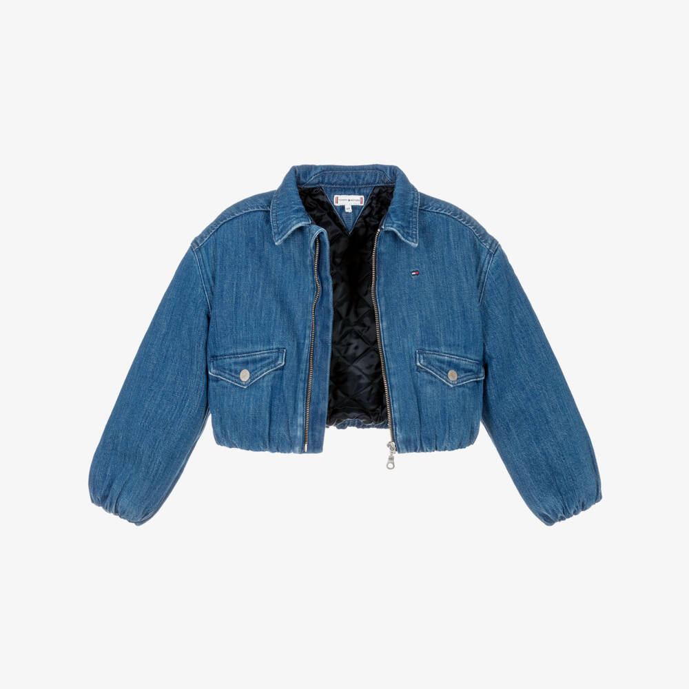 Tommy Hilfiger-Girls Blue Denim Jacket with Flag & Monotype Logos | Childrensalon