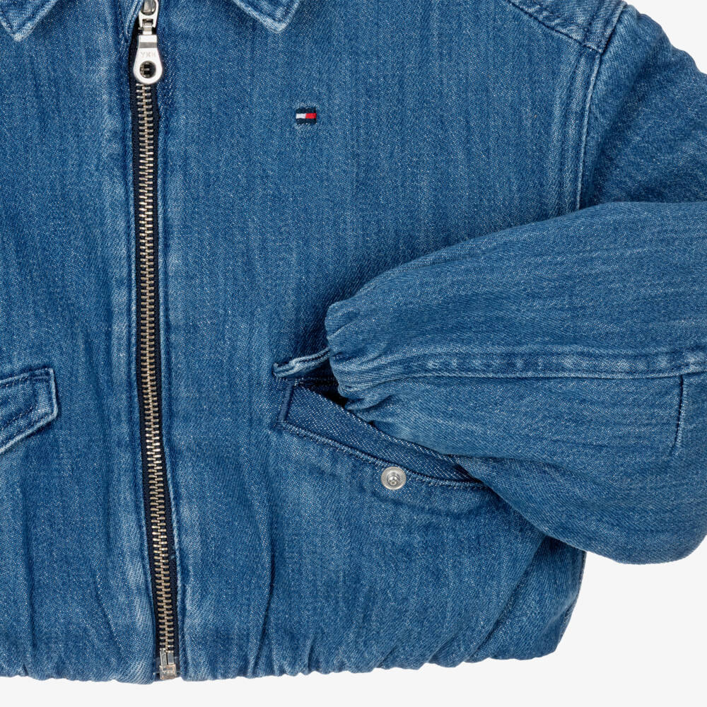 Tommy Hilfiger-Girls Blue Denim Jacket with Flag & Monotype Logos | Childrensalon