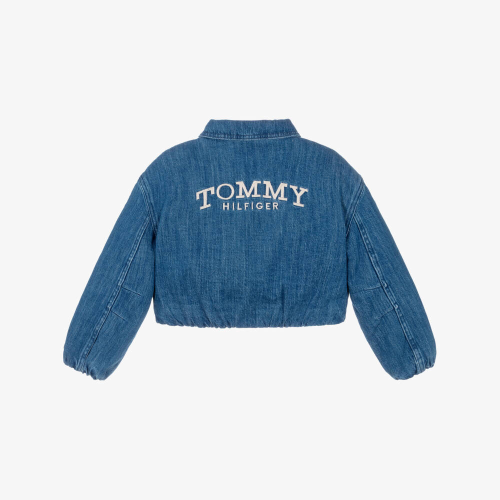 Tommy Hilfiger-Girls Blue Denim Jacket with Flag & Monotype Logos | Childrensalon