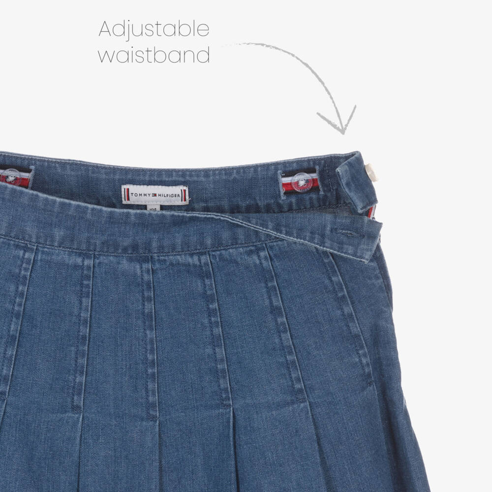 Tommy Hilfiger-Girls Blue Denim Pleated Skirt with Adjustable Waist | Childrensalon