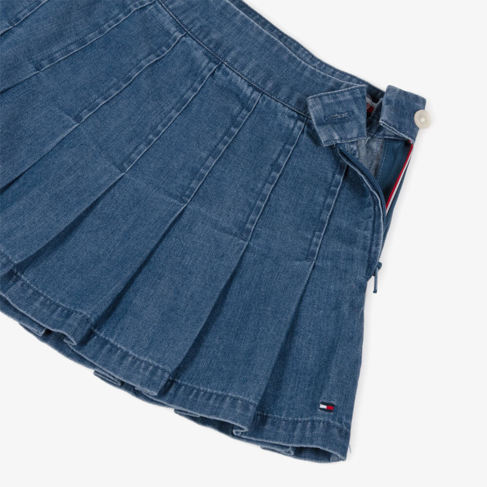 Tommy Hilfiger-Girls Blue Denim Pleated Skirt with Adjustable Waist | Childrensalon