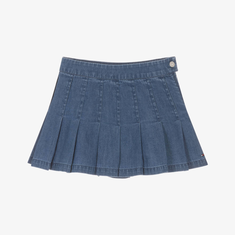 Tommy Hilfiger-Girls Blue Denim Pleated Skirt with Adjustable Waist | Childrensalon