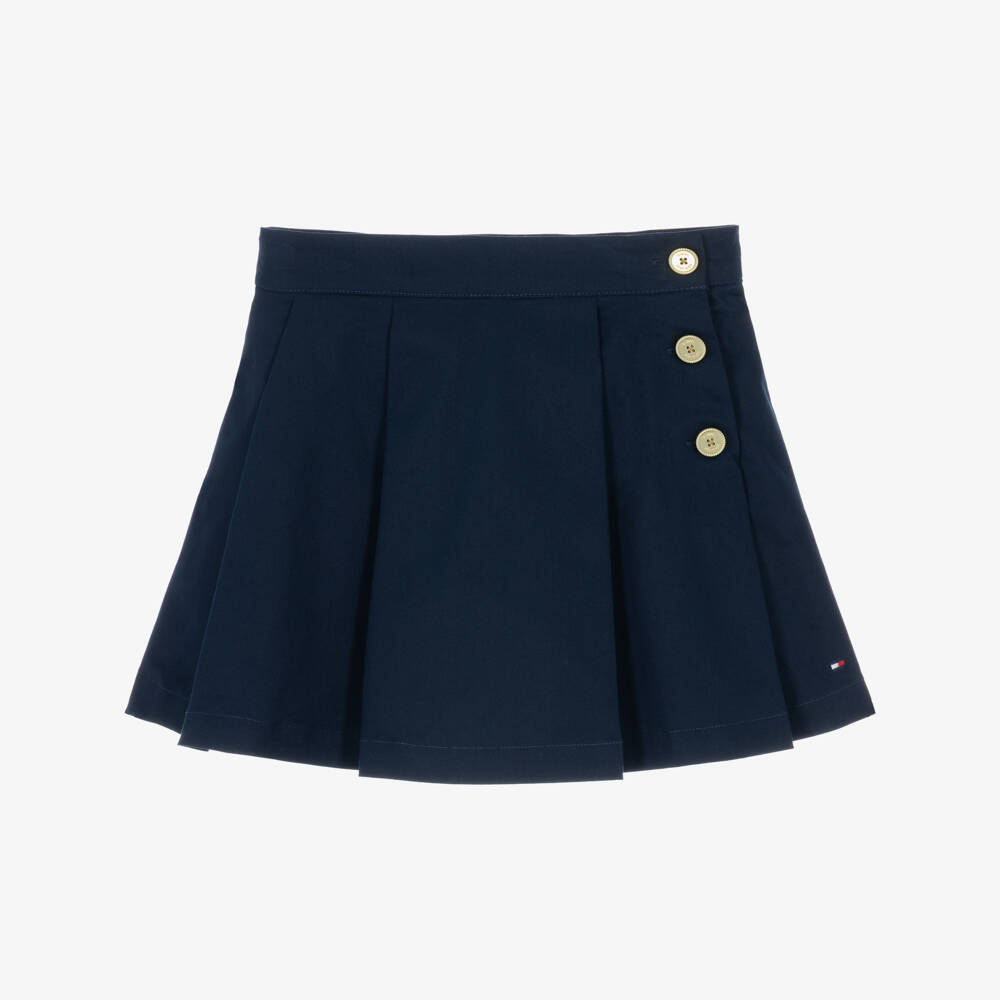 Tommy Hilfiger-Girls Blue Pleated Skirt with Gold Buttons | Childrensalon