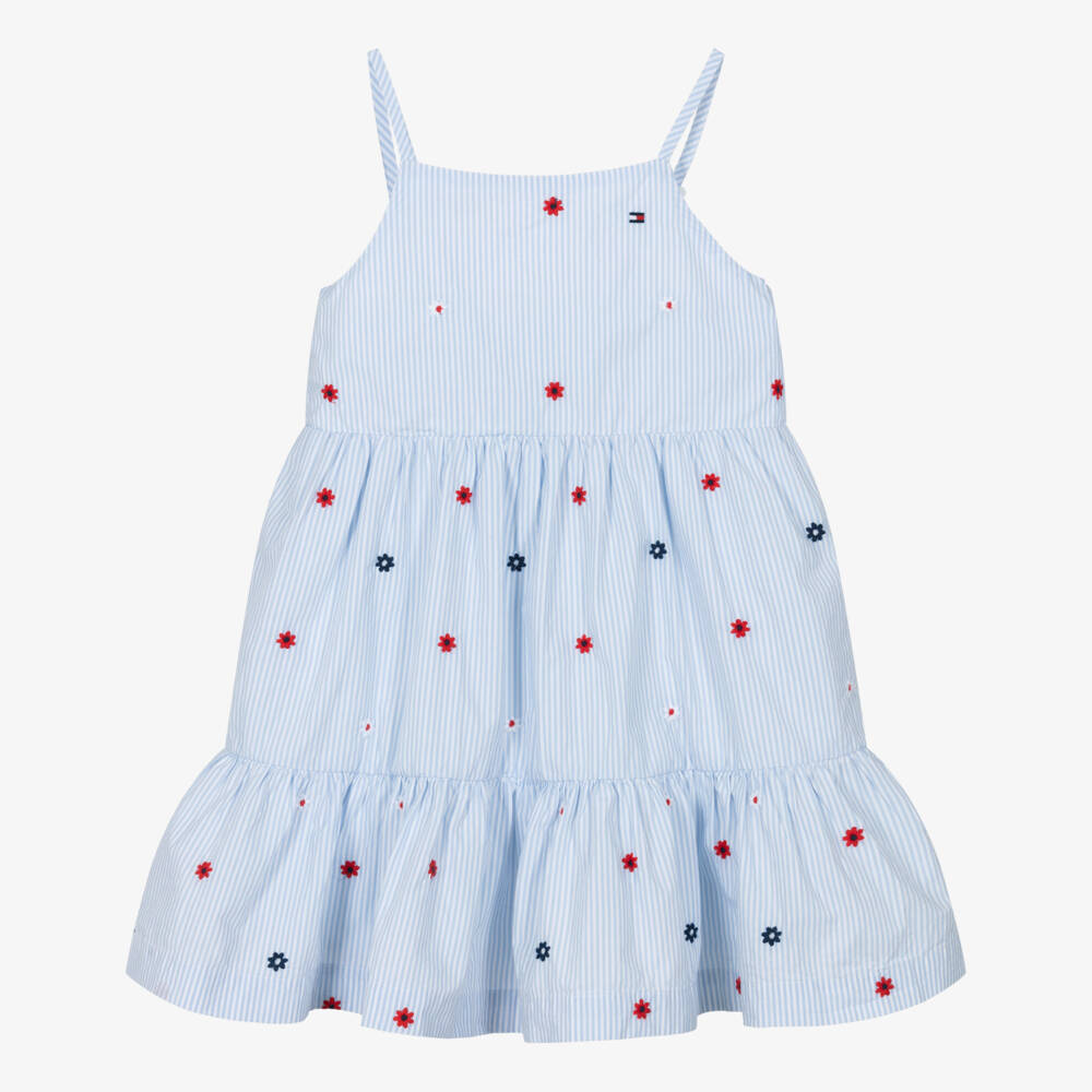 Tommy Hilfiger-Girls Blue Striped Cotton Dress with Floral Embroidery | Childrensalon