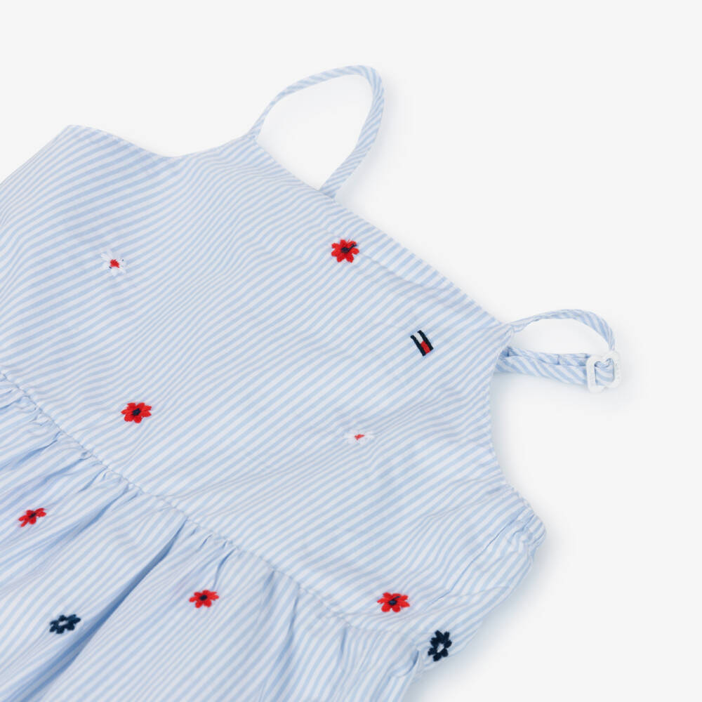 Tommy Hilfiger-Girls Blue Striped Cotton Dress with Floral Embroidery | Childrensalon