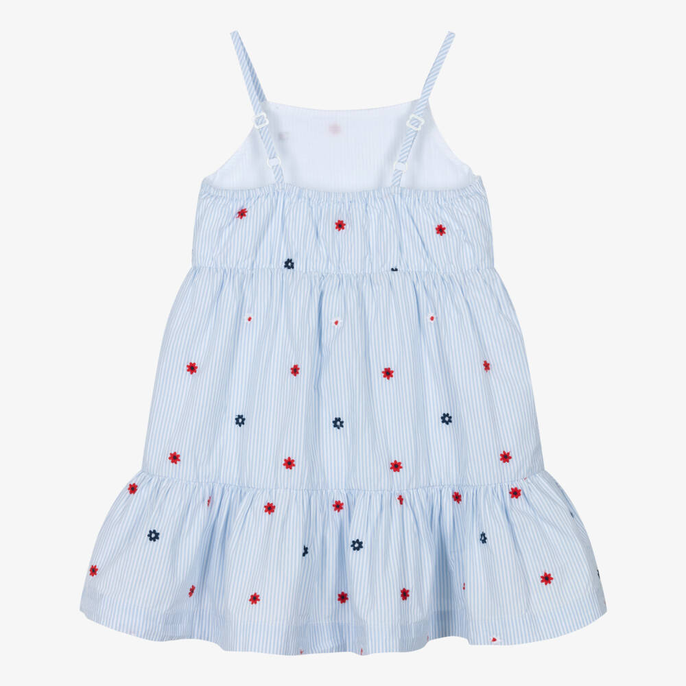 Tommy Hilfiger-Girls Blue Striped Cotton Dress with Floral Embroidery | Childrensalon