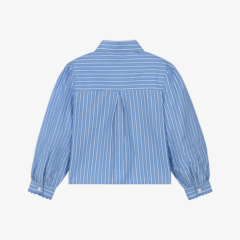 Tommy Hilfiger-Girls Blue Striped Cotton Puffed Sleeve Blouse | Childrensalon
