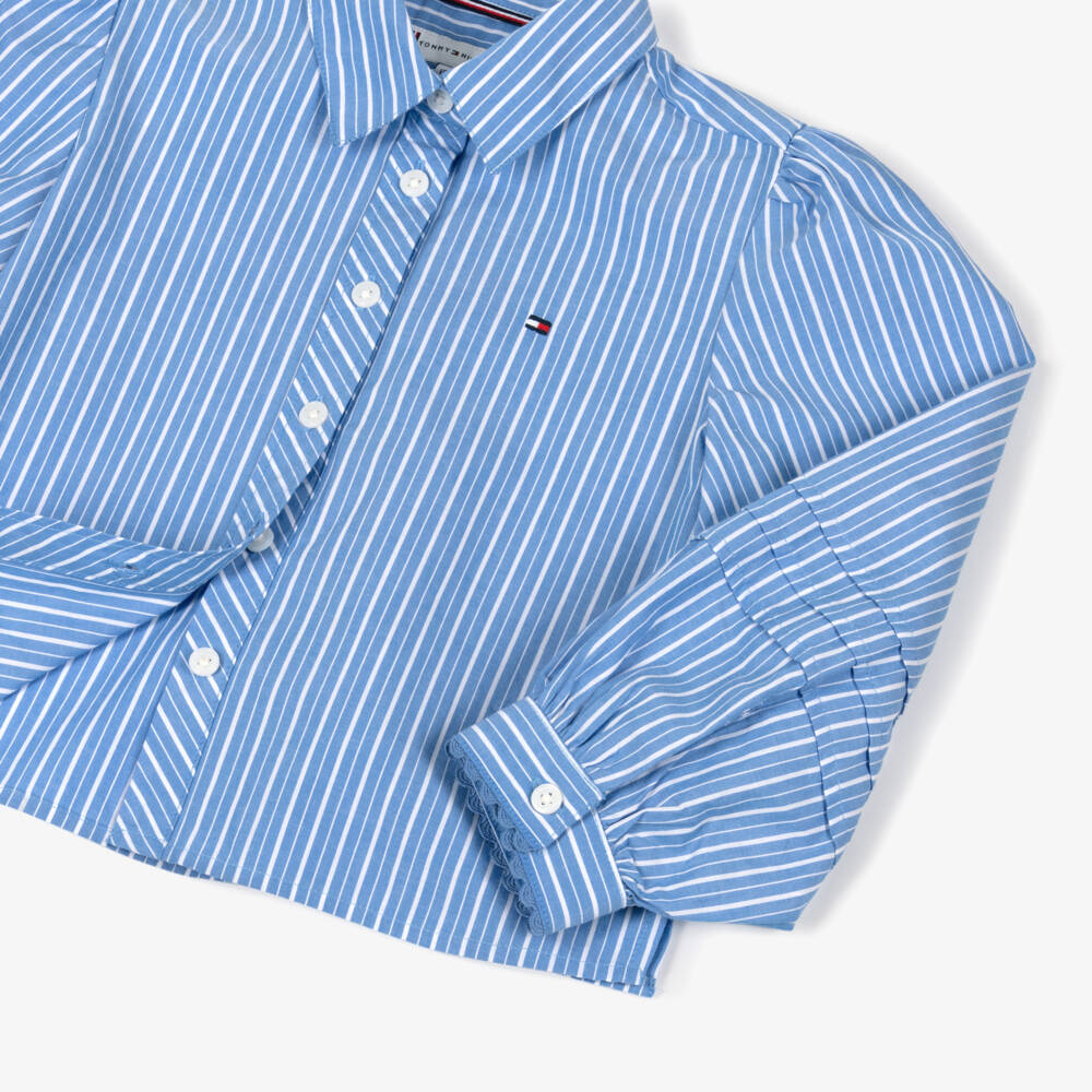 Tommy Hilfiger-Girls Blue Striped Cotton Puffed Sleeve Blouse | Childrensalon