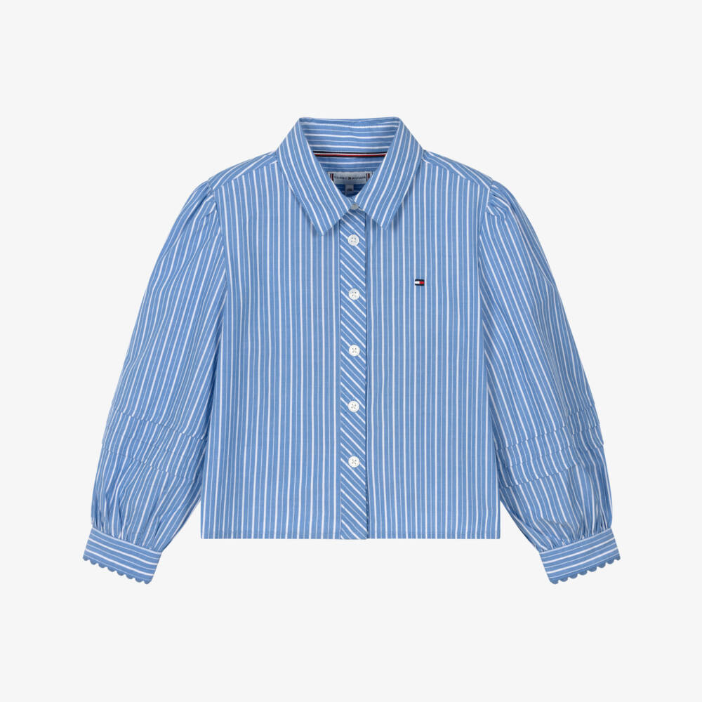 Tommy Hilfiger-Girls Blue Striped Cotton Puffed Sleeve Blouse | Childrensalon
