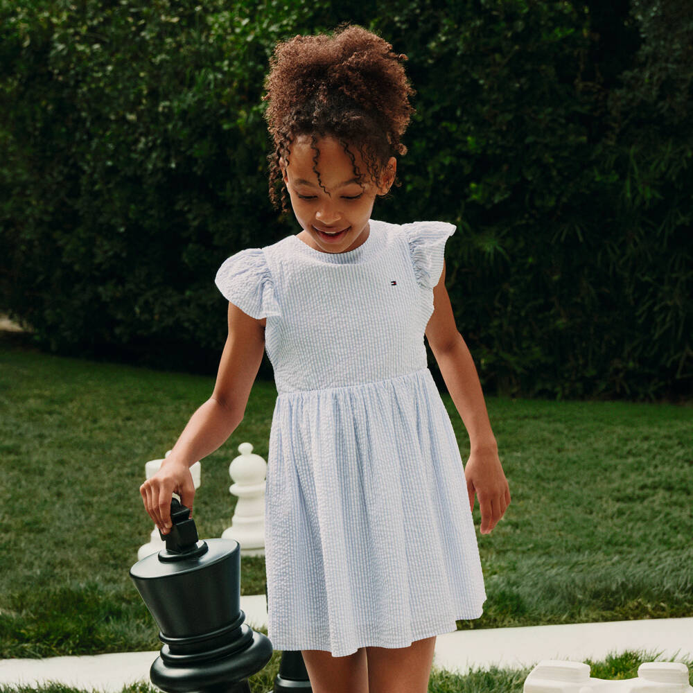 Tommy Hilfiger-Girls Blue Striped Cotton Seersucker Dress | Childrensalon