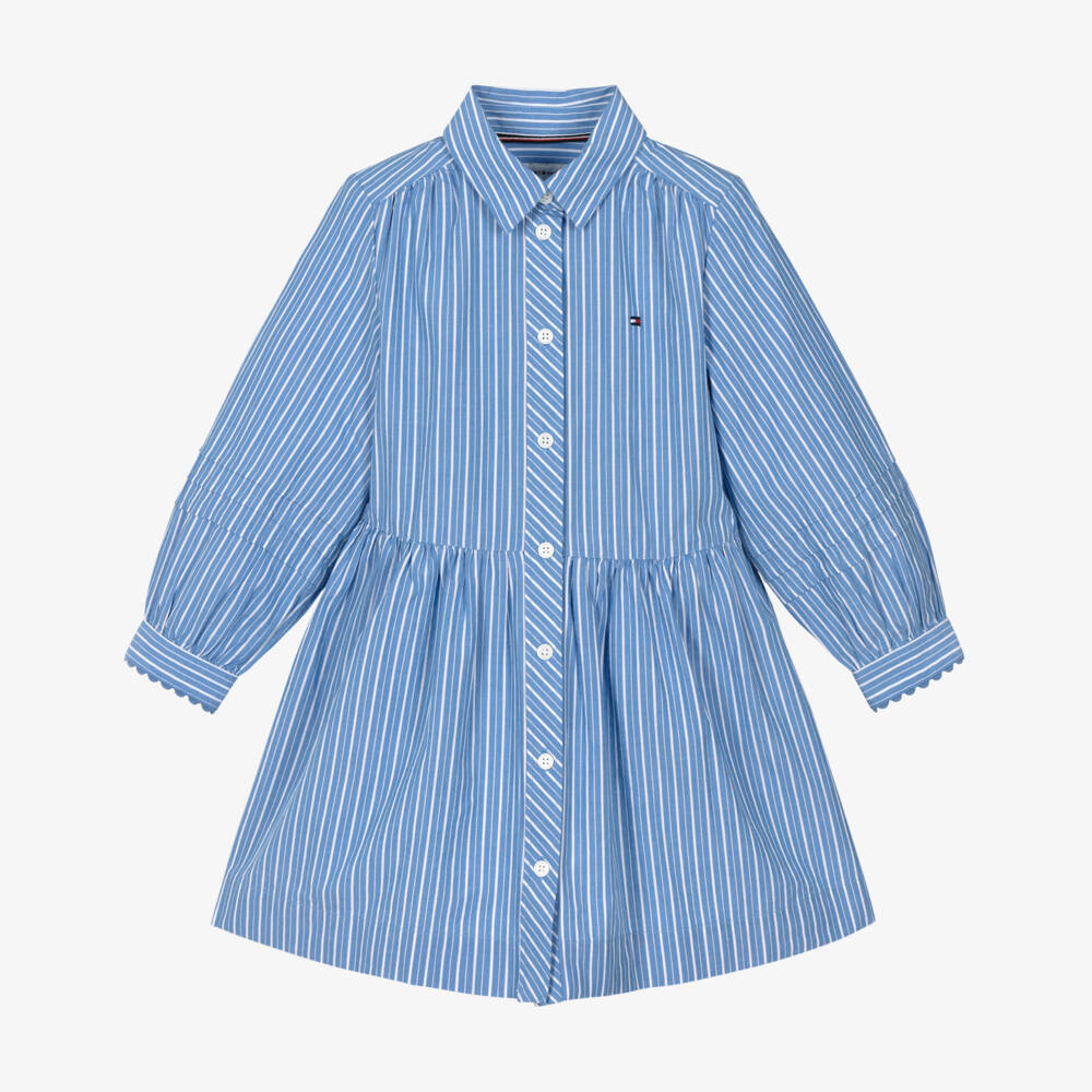 Tommy Hilfiger-Girls Blue & White Striped Cotton Shirt Dress | Childrensalon