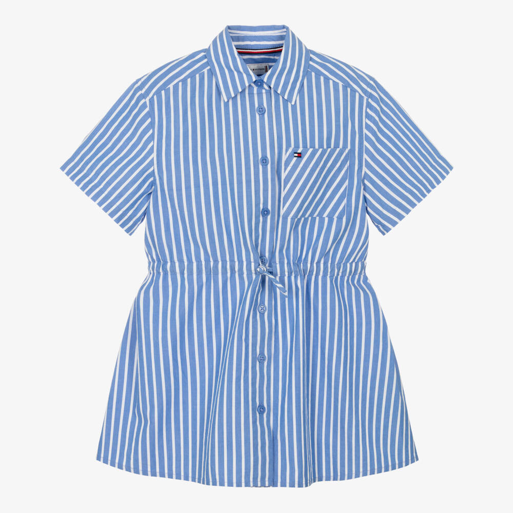 Tommy Hilfiger-Girls Blue & White Striped Cotton Shirt Dress | Childrensalon