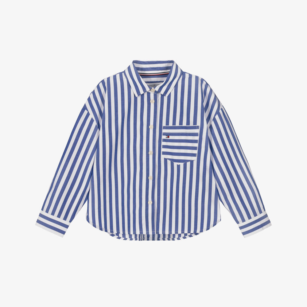 Tommy Hilfiger-Girls Blue & White Striped Poplin Shirt | Childrensalon