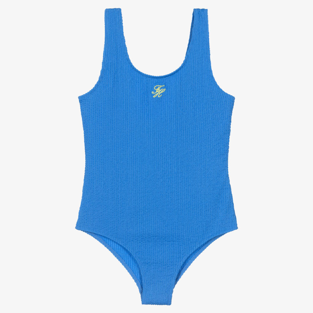 Tommy Hilfiger-Girls Bright Blue Crinkle TH Swimsuit | Childrensalon