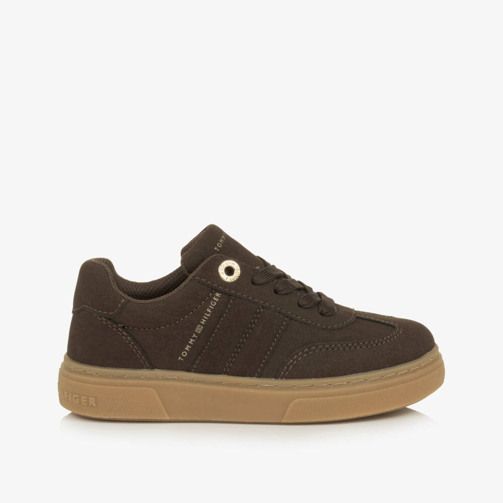 Tommy Hilfiger-Girls Brown Faux Suede Lace-Up Trainers | Childrensalon