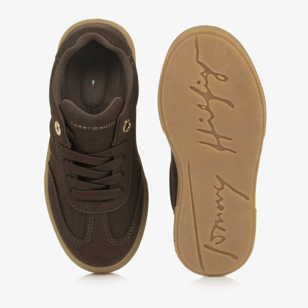 Tommy Hilfiger-Girls Brown Faux Suede Lace-Up Trainers | Childrensalon