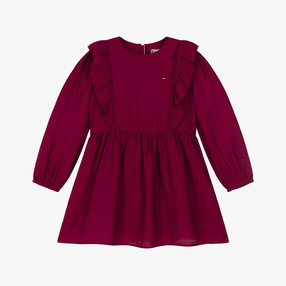 Tommy Hilfiger-Girls Burgundy Red Long Sleeved Ruffle Dress | Childrensalon