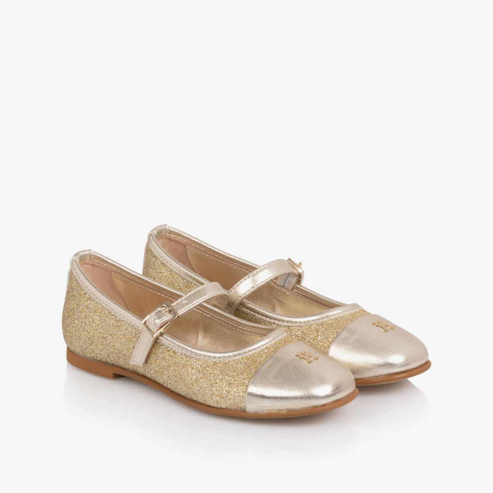 Tommy Hilfiger-Girls Glittery Gold Faux Leather Pumps with TH Monogram Logo | Childrensalon
