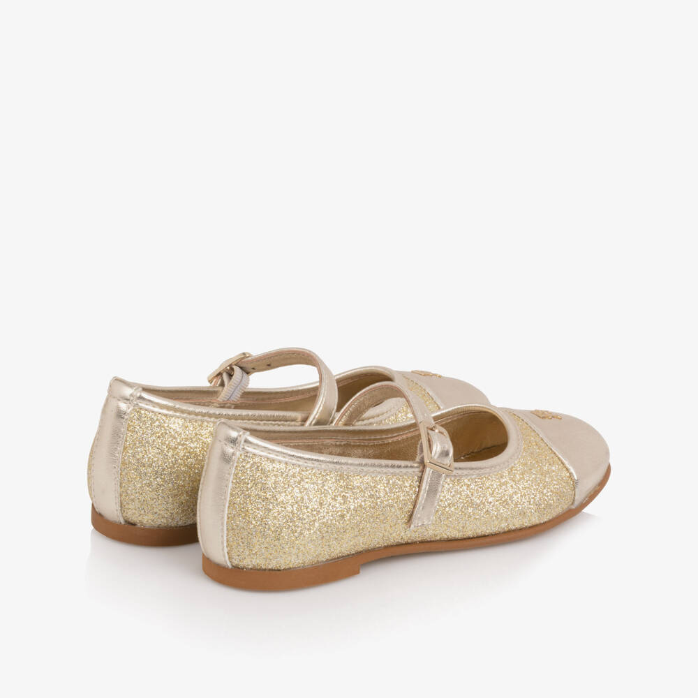 Tommy Hilfiger-Girls Glittery Gold Faux Leather Pumps with TH Monogram Logo | Childrensalon