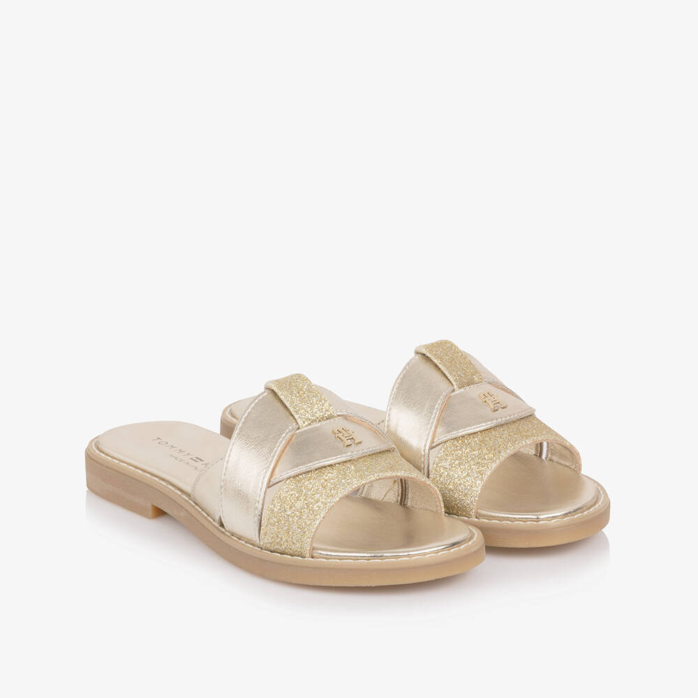 Tommy Hilfiger-Girls Glittery Gold Faux Leather Sandals with TH Monogram Logo | Childrensalon