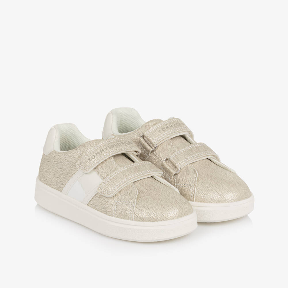 Tommy Hilfiger-Girls Glittery Gold Faux Leather Trainers | Childrensalon
