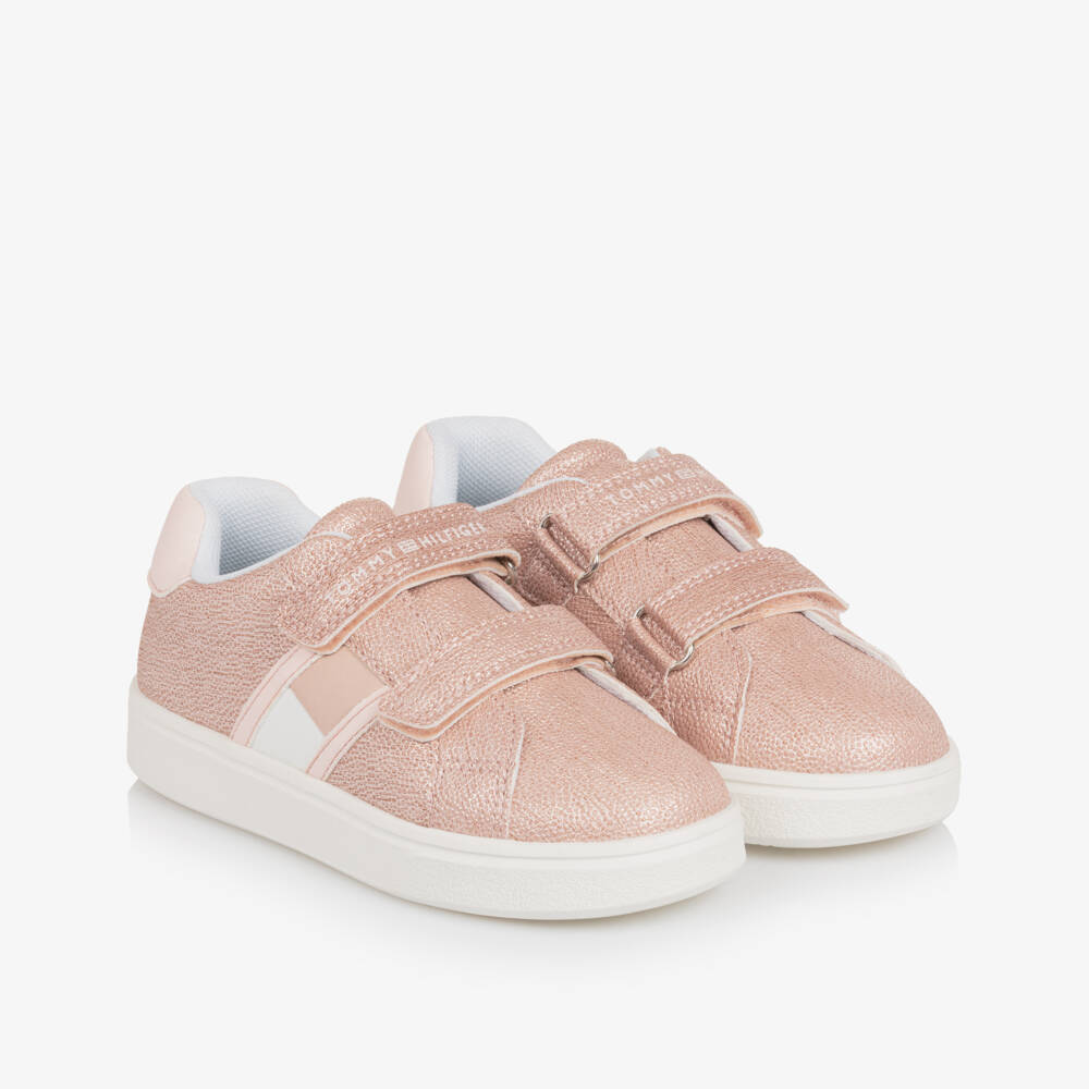 Tommy Hilfiger-Girls Glittery Pink Faux Leather Trainers | Childrensalon