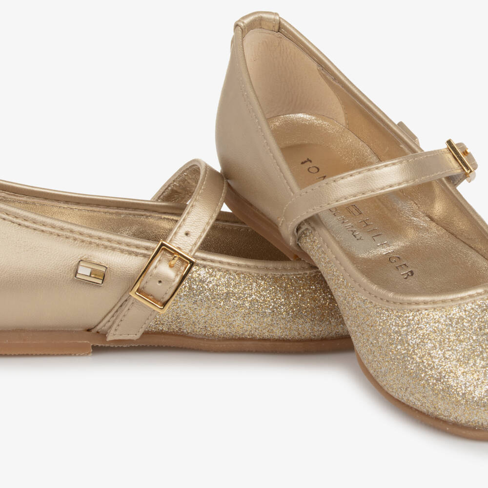 Tommy Hilfiger-Girls Gold Glitter Ballerina Pumps | Childrensalon