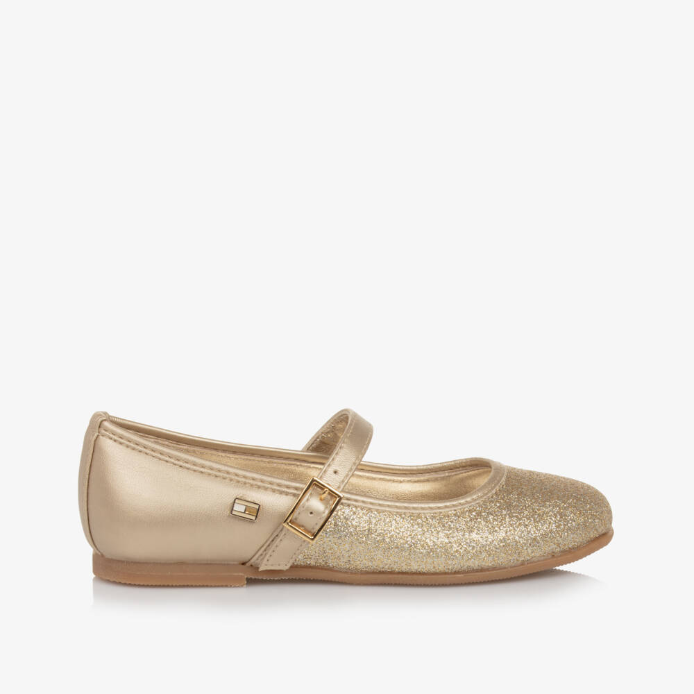 Tommy Hilfiger-Girls Gold Glitter Ballerina Pumps | Childrensalon