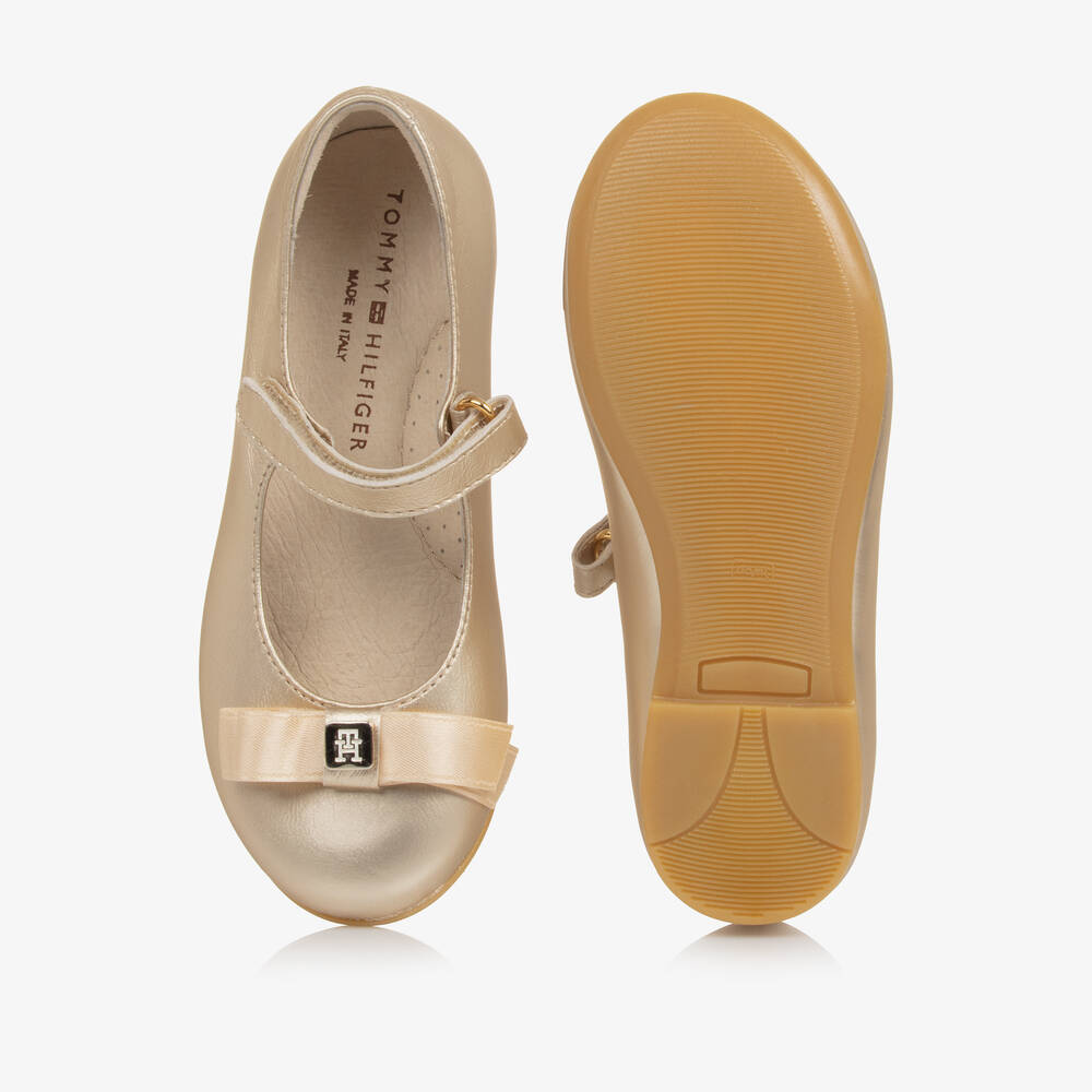 Tommy Hilfiger-Girls Gold Leather Ballerina Bar Shoes | Childrensalon