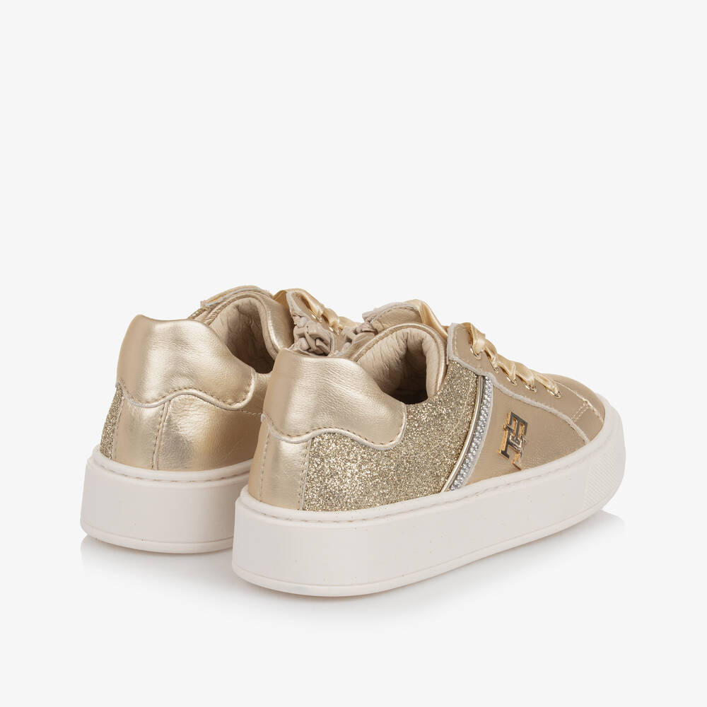 Tommy Hilfiger-Girls Gold Leather Trainers | Childrensalon