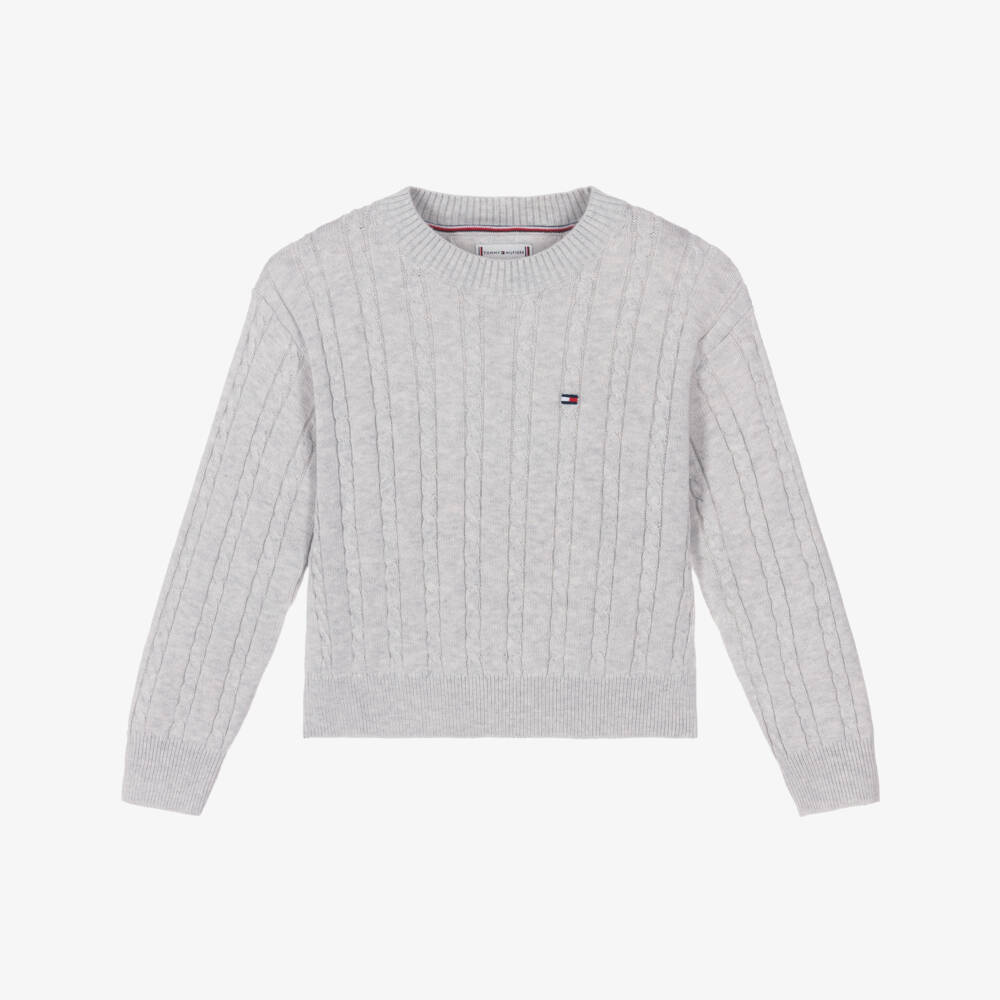 Tommy Hilfiger-Girls Grey Cotton Cable Knit Sweater | Childrensalon