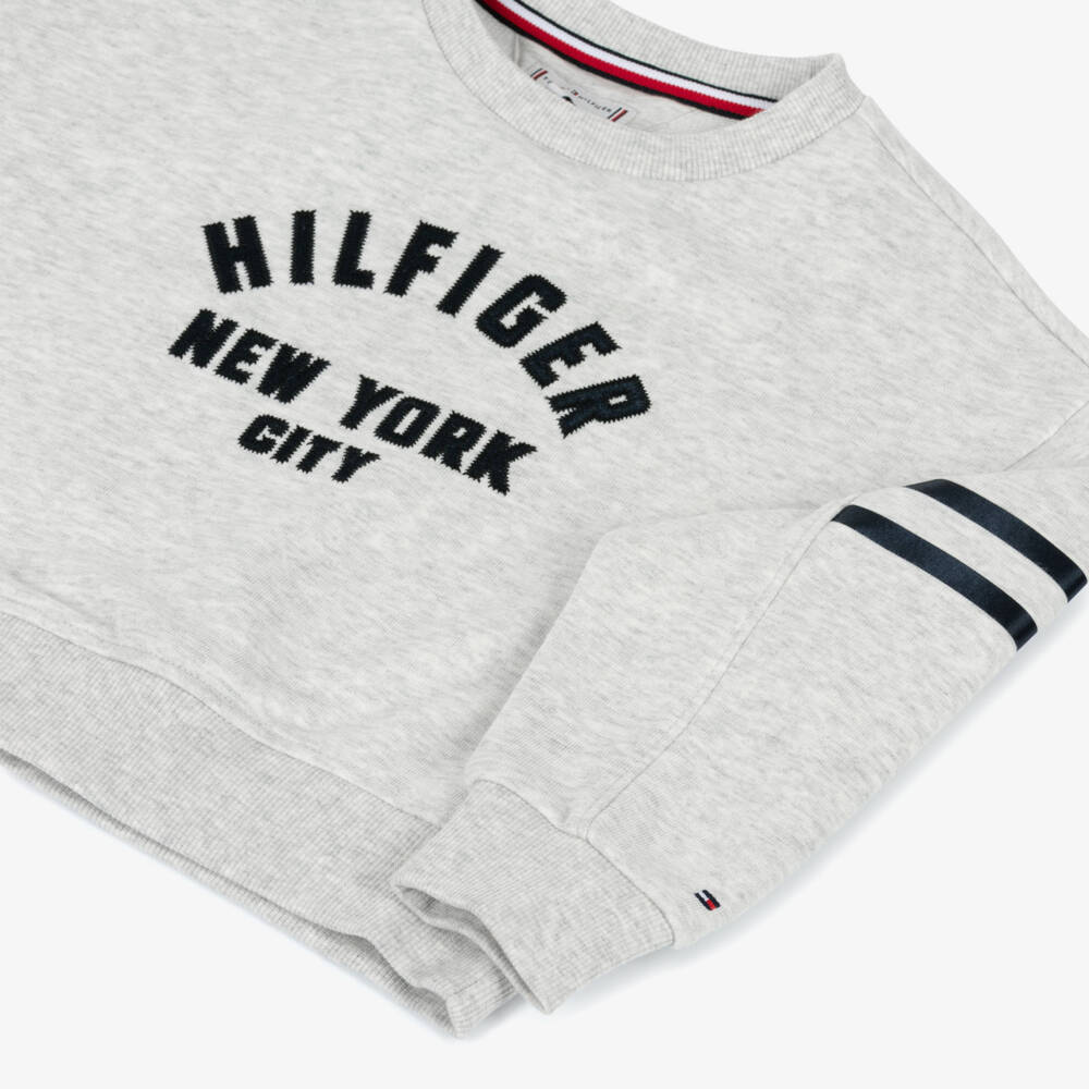 Tommy Hilfiger-Girls Grey Marl Cotton Sweatshirt with Varsity Logo | Childrensalon
