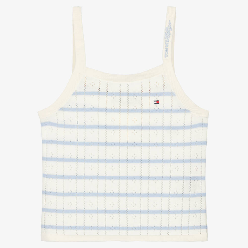 Tommy Hilfiger-Girls Ivory & Blue Stripe Pointelle Cotton Jersey Top | Childrensalon