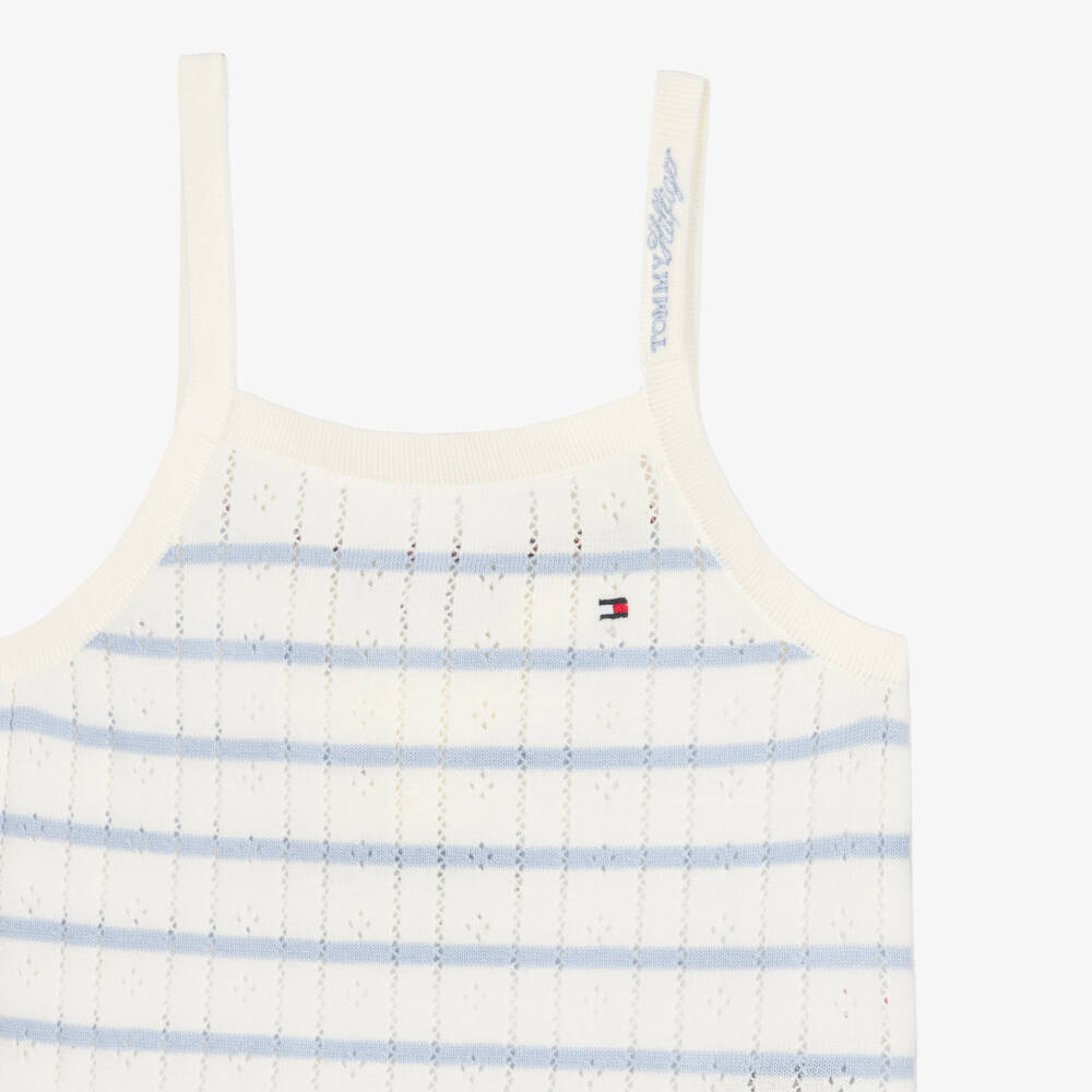 Tommy Hilfiger-Girls Ivory & Blue Stripe Pointelle Cotton Jersey Top | Childrensalon
